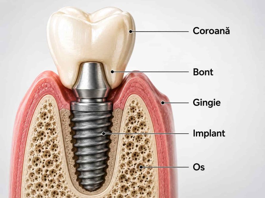 Componentele unui implant dentar: implant, bont protetic și coroană