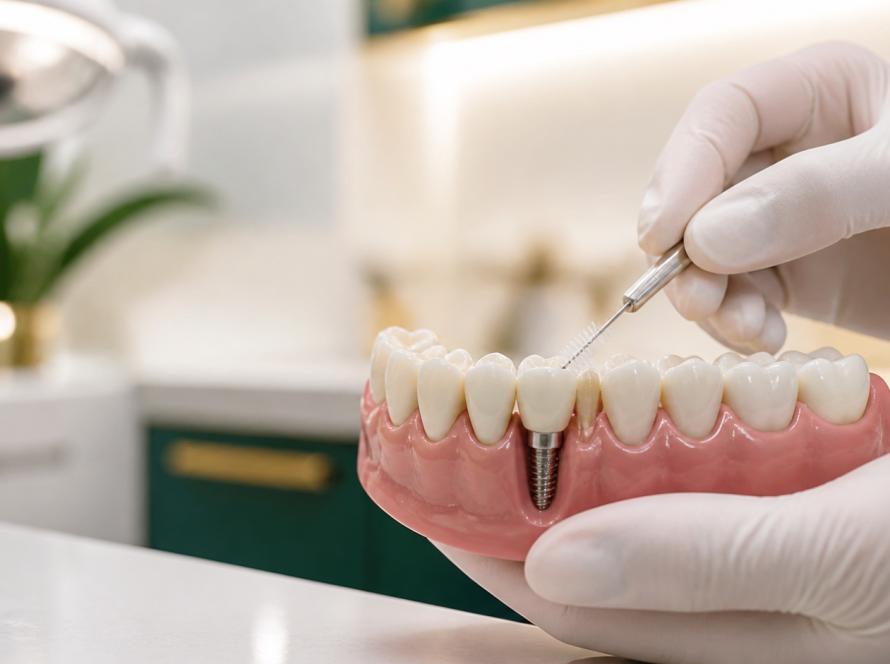 Curățarea interdentară a unui implant dentar cu o periuță specială