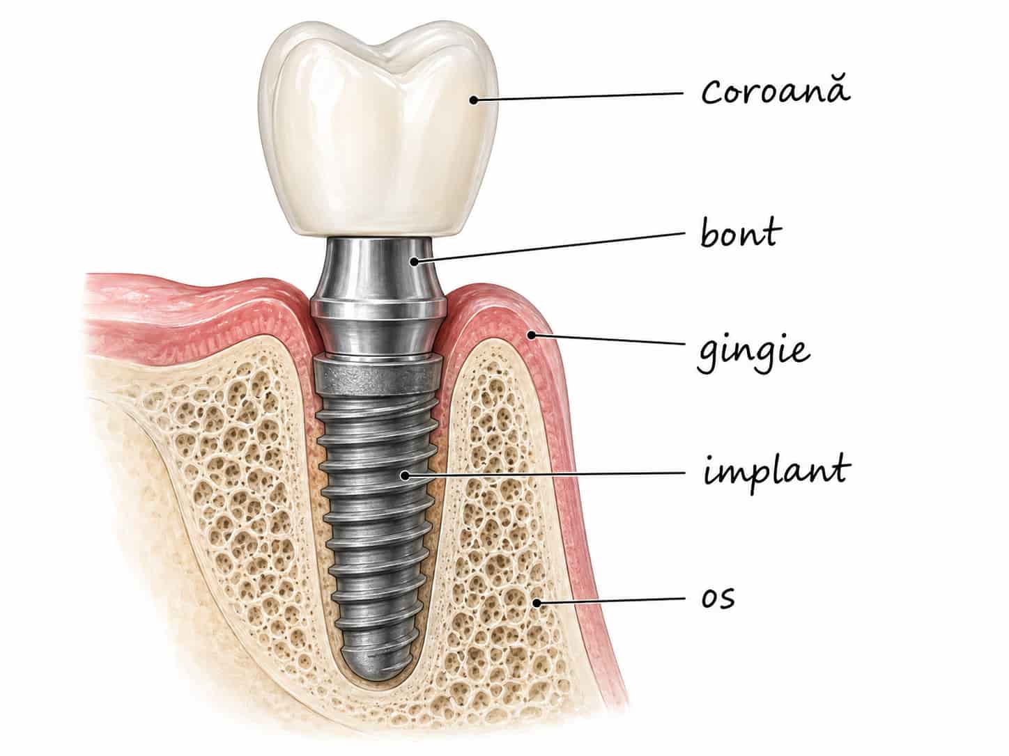 Componentele unui implant dentar: coroană, bont protetic, implant, gingie și os